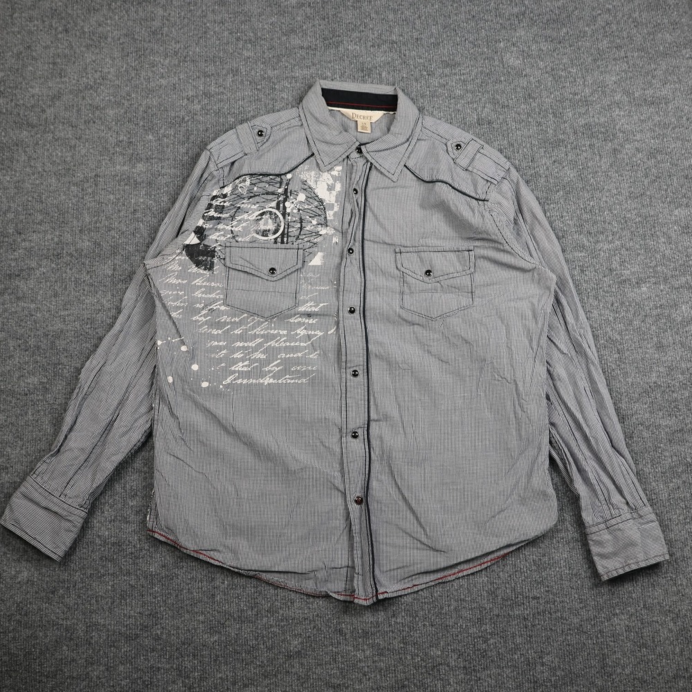 Decree Shirt Womens Large Blue White Gingham Snap Button Western Graphic Epaulet
